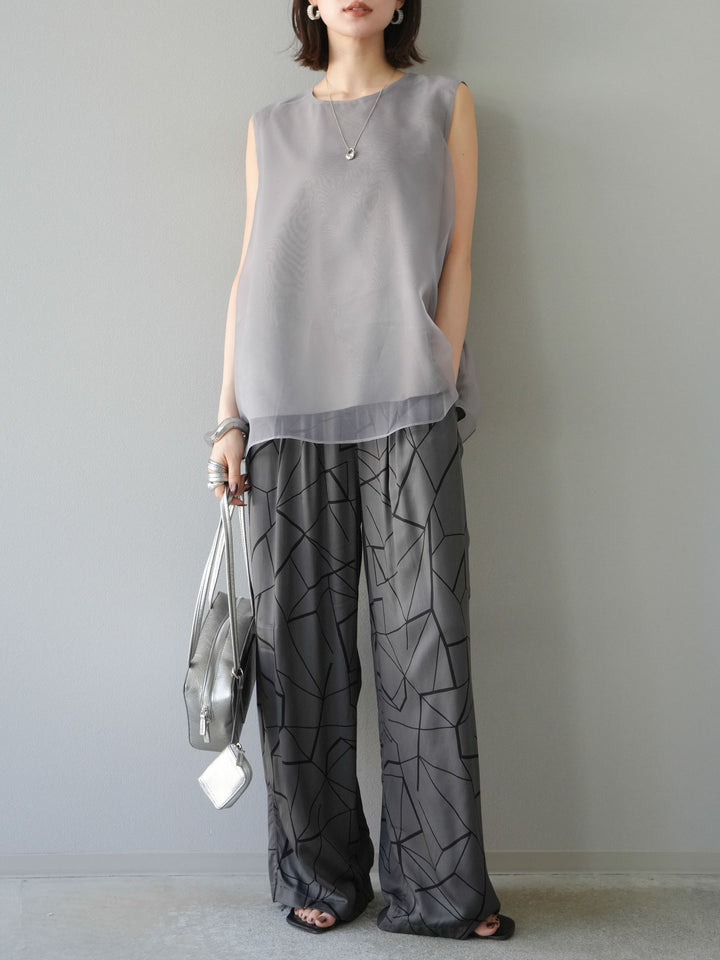 [予約]ビスコースサテンプリントタックイージーパンツ/チャコール