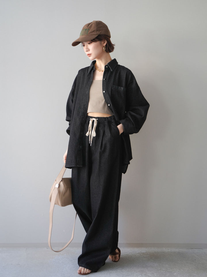 [SET]ポイントレザーオーバーデニムシャツ+ドロストワイドデニムパンツ(2set)
