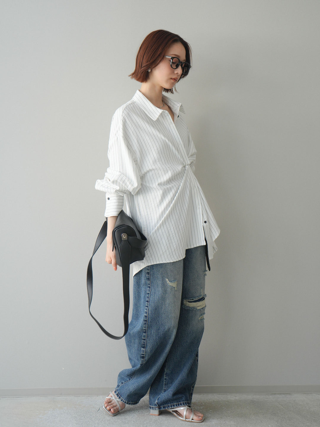 【套裝】雙向裹身條紋襯衫+破洞牛仔半闊腿褲（兩件套）