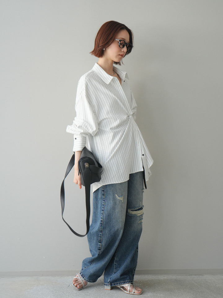 【套裝】雙向裹身條紋襯衫+破洞牛仔半闊腿褲（兩件套）