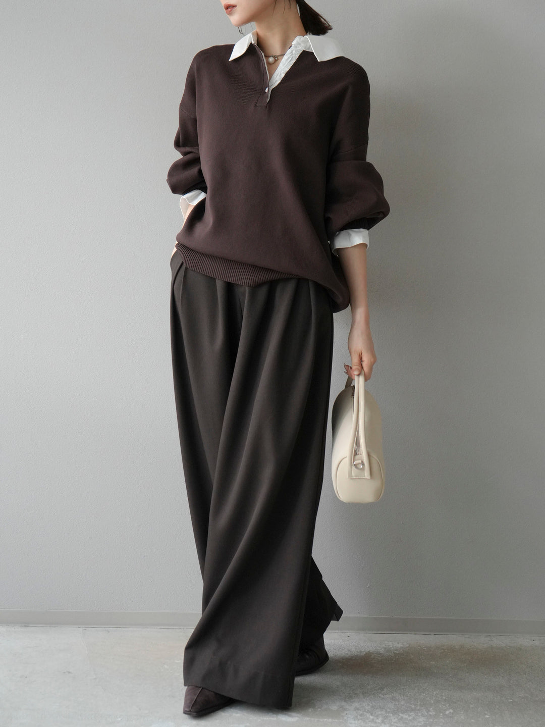 【SET】翻領polo針織套衫+雙褶闊腿褲（2件組）