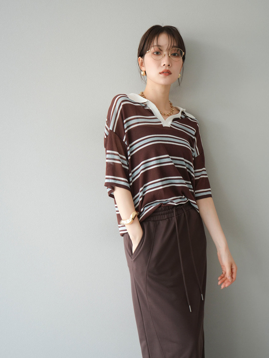 [予約]シアーポロニットプルオーバー/ブラウンボーダー