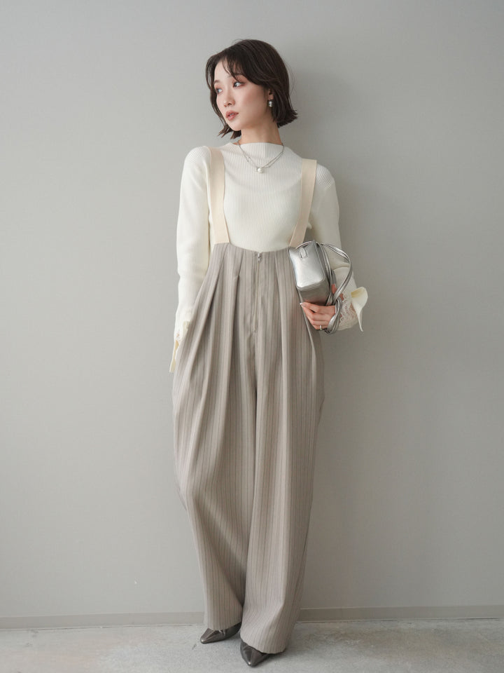 [SET]袖スカラップレースオフネックニットトップス+グログランテープストライプサロペット(2set)