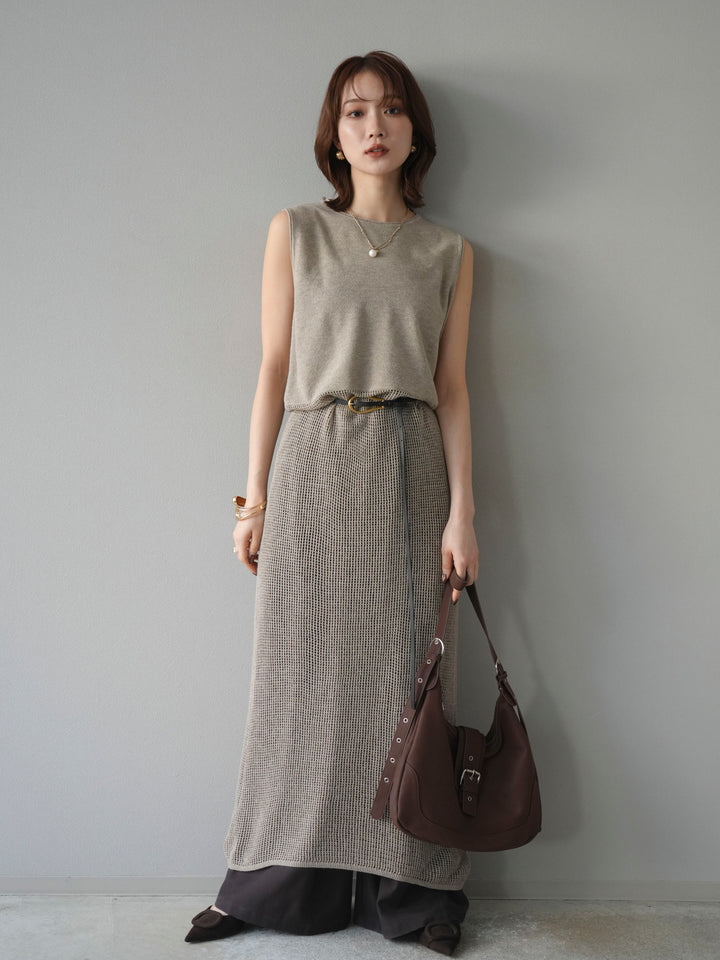 [予約]メッシュ切替ノースリーニットワンピース/beige