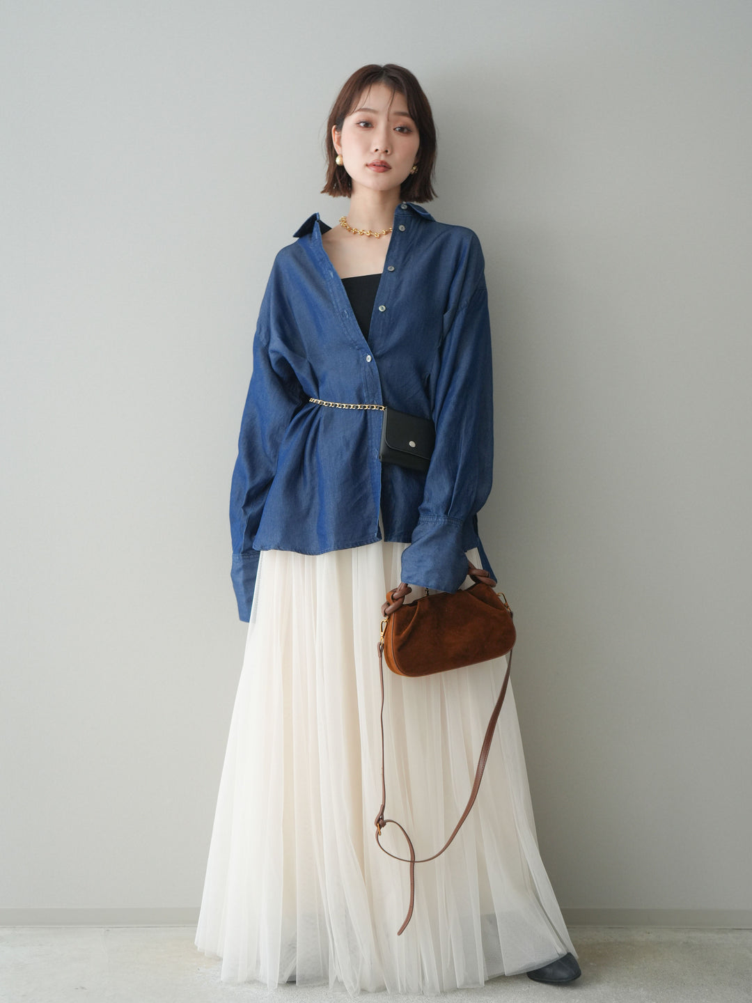 [SET]テンセルデニムタックシャツ+チュールボリュームスカート(2set)