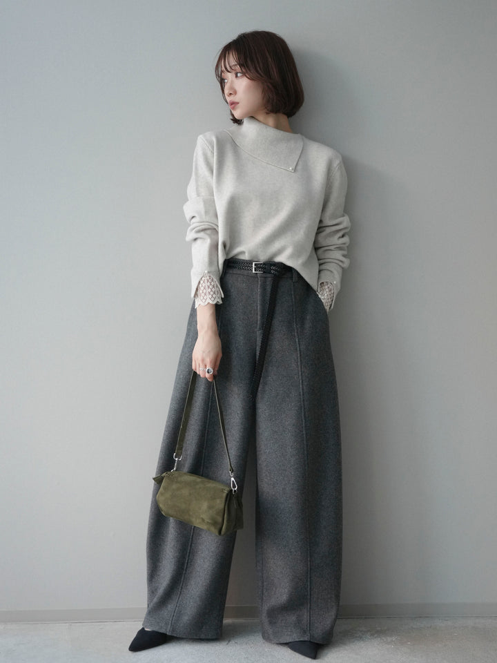 [SET]袖レースパール付き配色ニットトップス+ウールタッチカーブパンツ(2set)