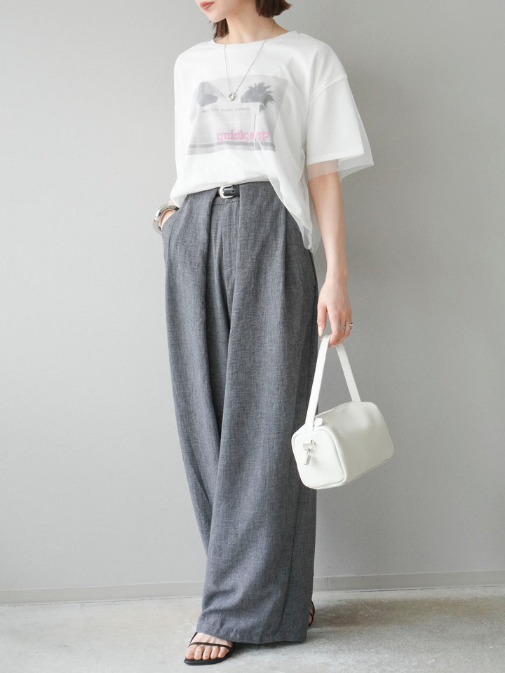 [予約]リネンライクベルト付タックループワイドパンツ/ブラック