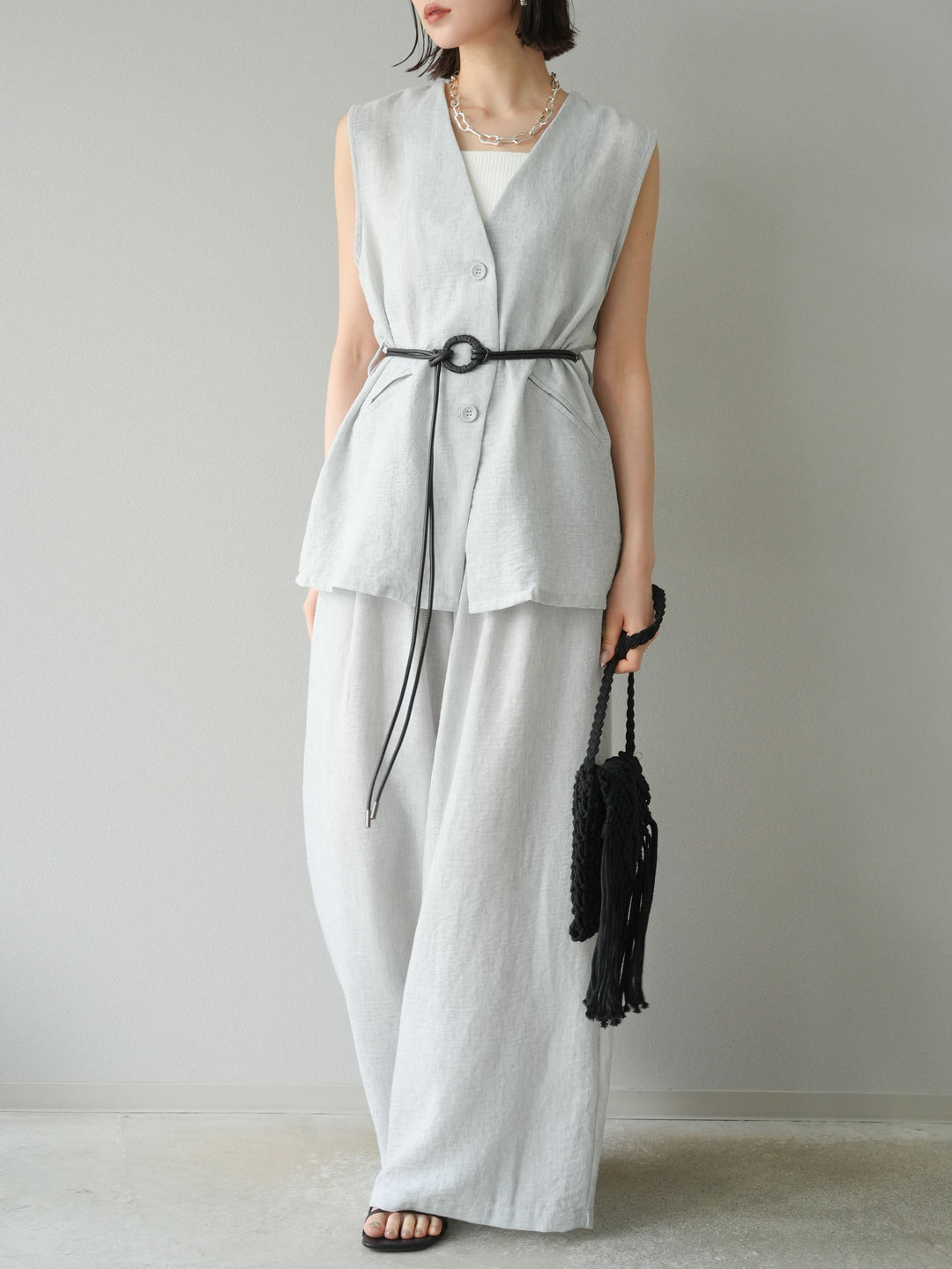 [SET]ベルト付リネンタッチベスト＆ワイドパンツSET UP(2set)