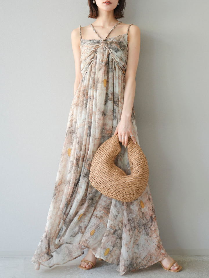 [予約]編み込みショルダーニュアンス柄シフォンワンピース/ベージュ