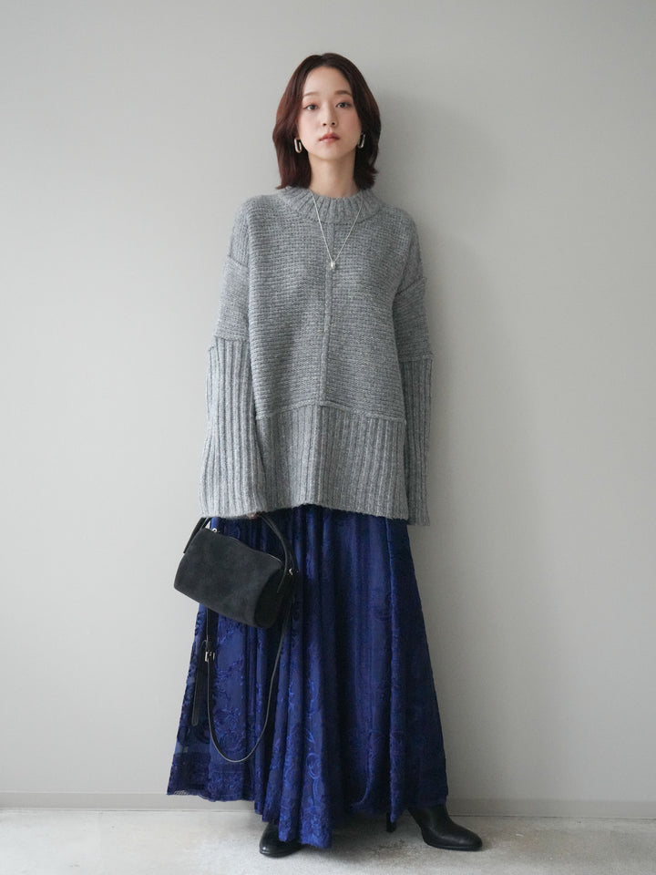 [SET]編み地切替ボトルネックニットプルオーバー+アンティーク柄フロッキーマキシスカート(2set)