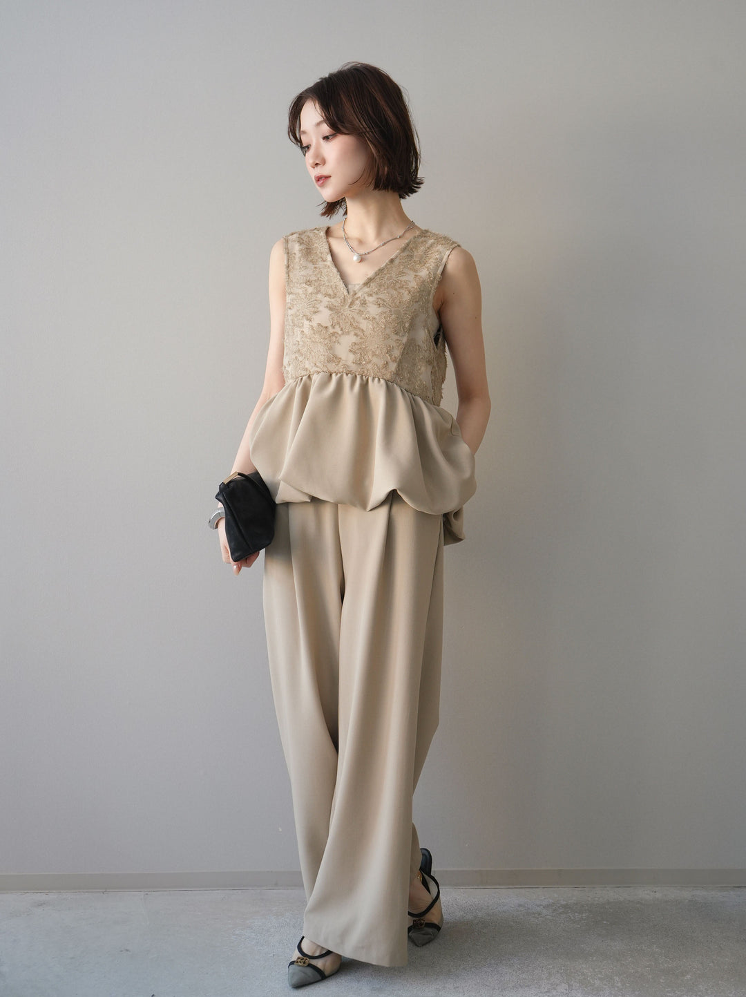 [SET]ジャガードレースぺプラムドッキングサロペット+選べるアクセセット(2set)