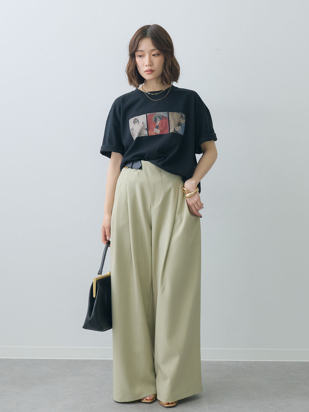 [SET]スリードッグフォトボックスTEE+アシンメトリーベルトタックワイドパンツ(2set)