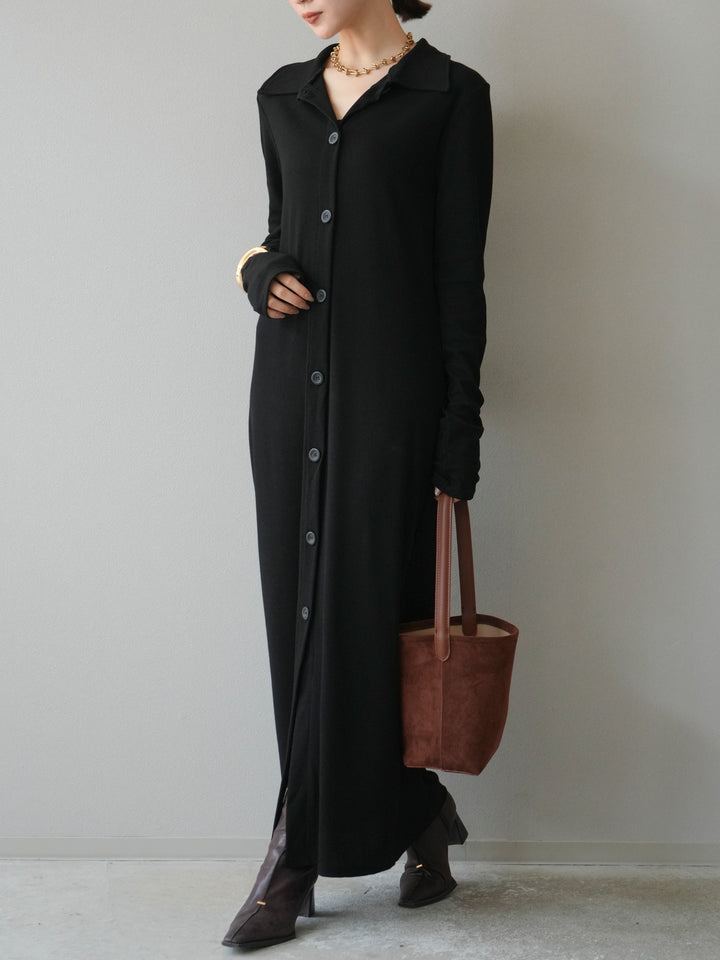 [予約]襟付きカットリブボタンワンピース/ブラック