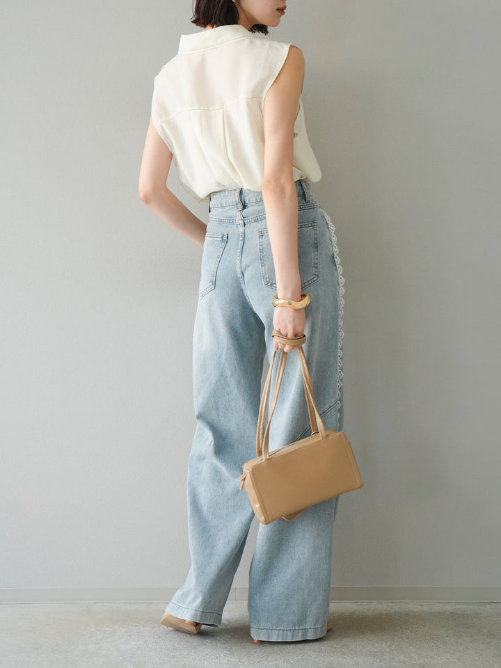 [SET]ステッチシアーレイヤードデザインブラウス+ラインレースデニムパンツ(2set)