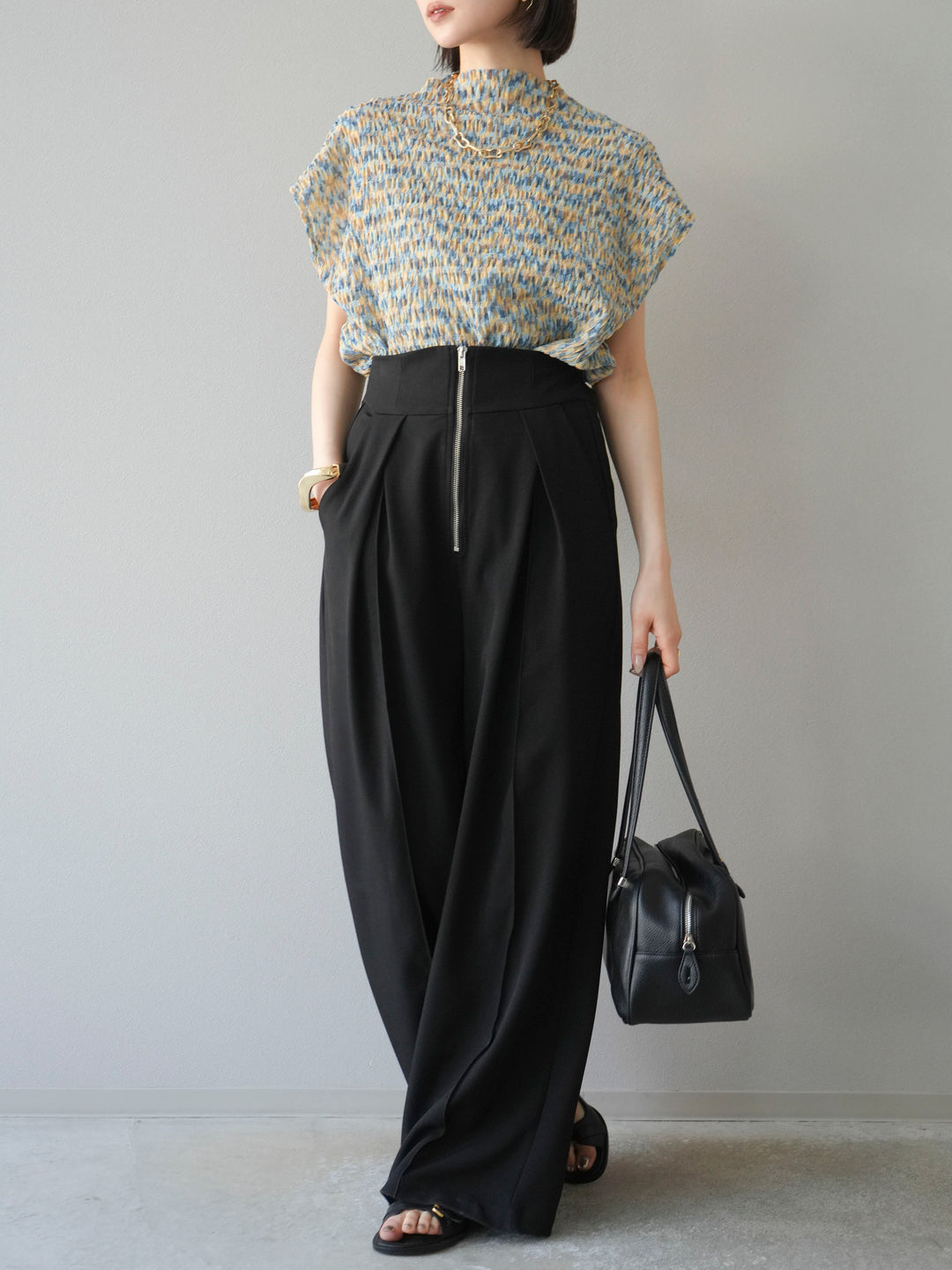 [SET] 多色隨機百褶法式上衣+拉鍊褶襉寬褲（2件套）