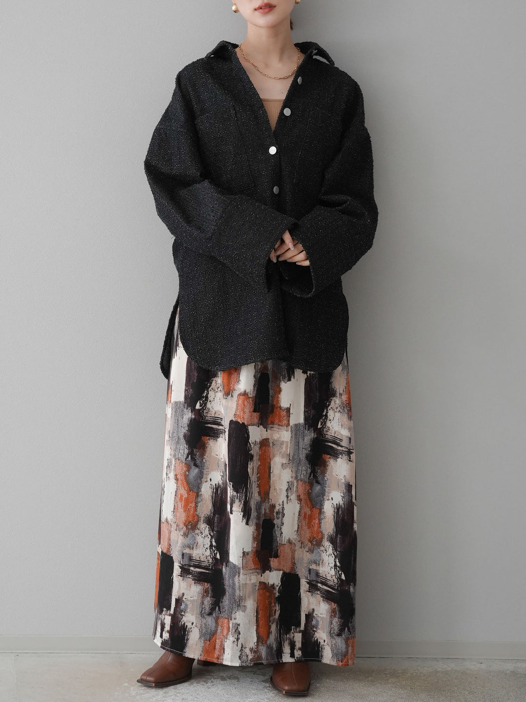 [予約]ペイント柄フレアロングスカート/ベージュ