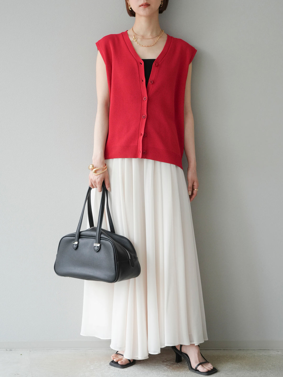 [SET] V領人造絲針織背心+雪紡喇叭裙（2件組）