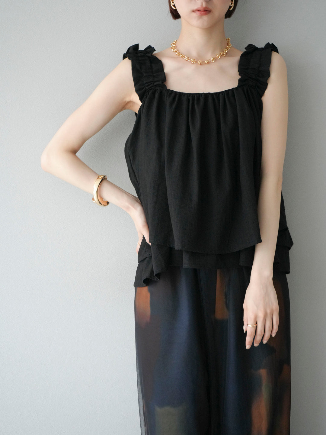 [SET]ギャザーショルダーフレアタンクトップ+選べるアクセセット(2set)