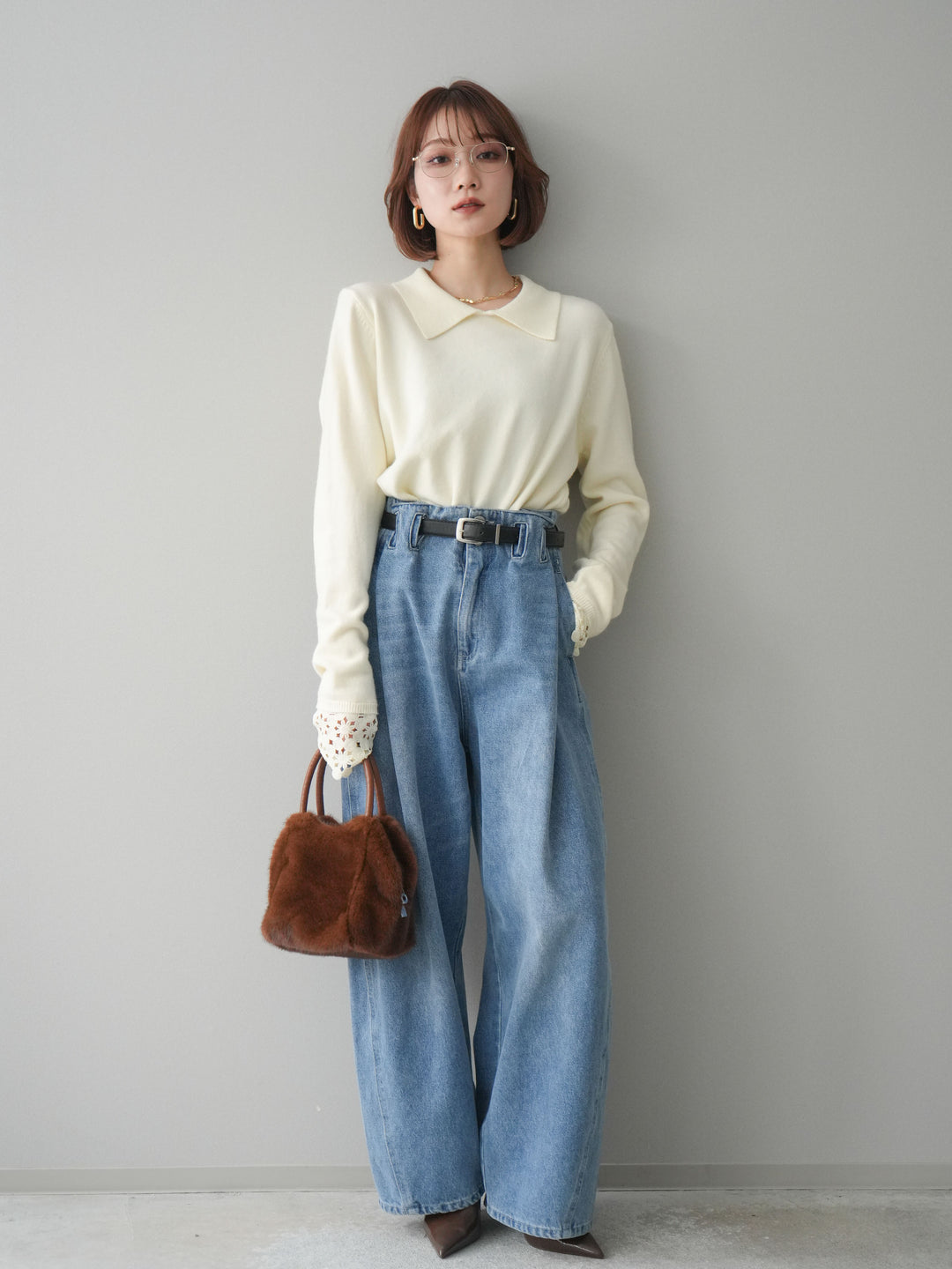 [SET]スカラップレース袖襟付きニットトップス+選べるアクセセット(2set)