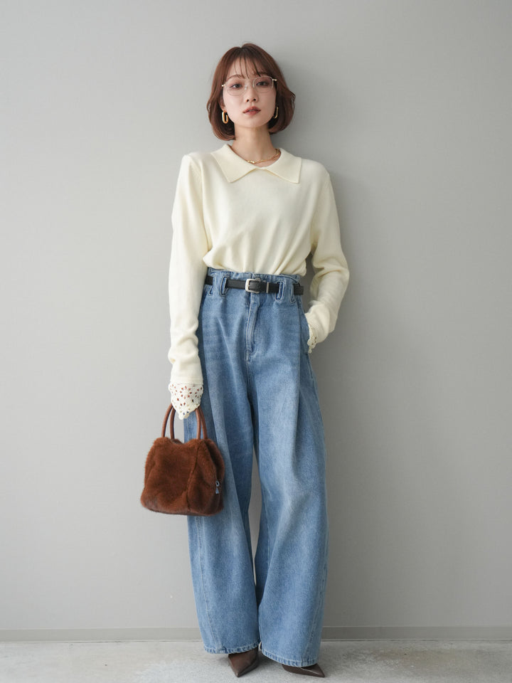 [SET]スカラップレース袖襟付きニットトップス+選べるアクセセット(2set)