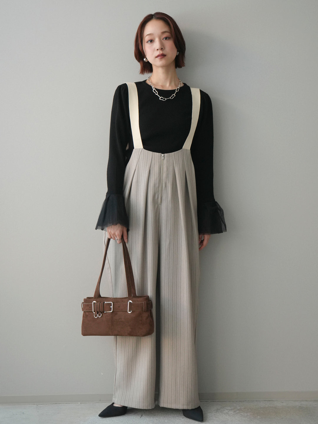 [SET]袖チュールパワショルリブニットトップス+グログランテープストライプサロペット(2set)