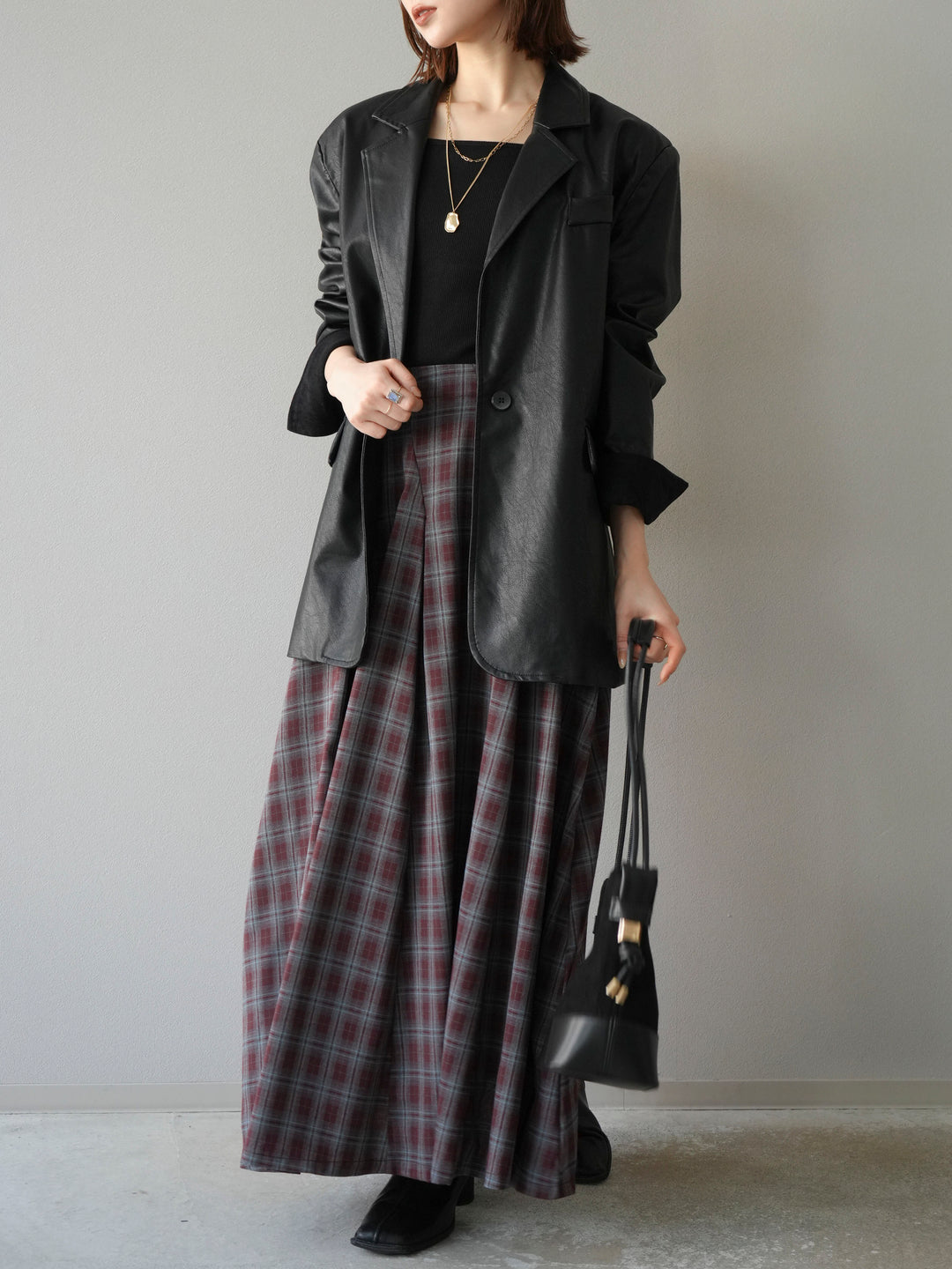 [予約]チェックタックフレアロングスカート/ ボルドー
