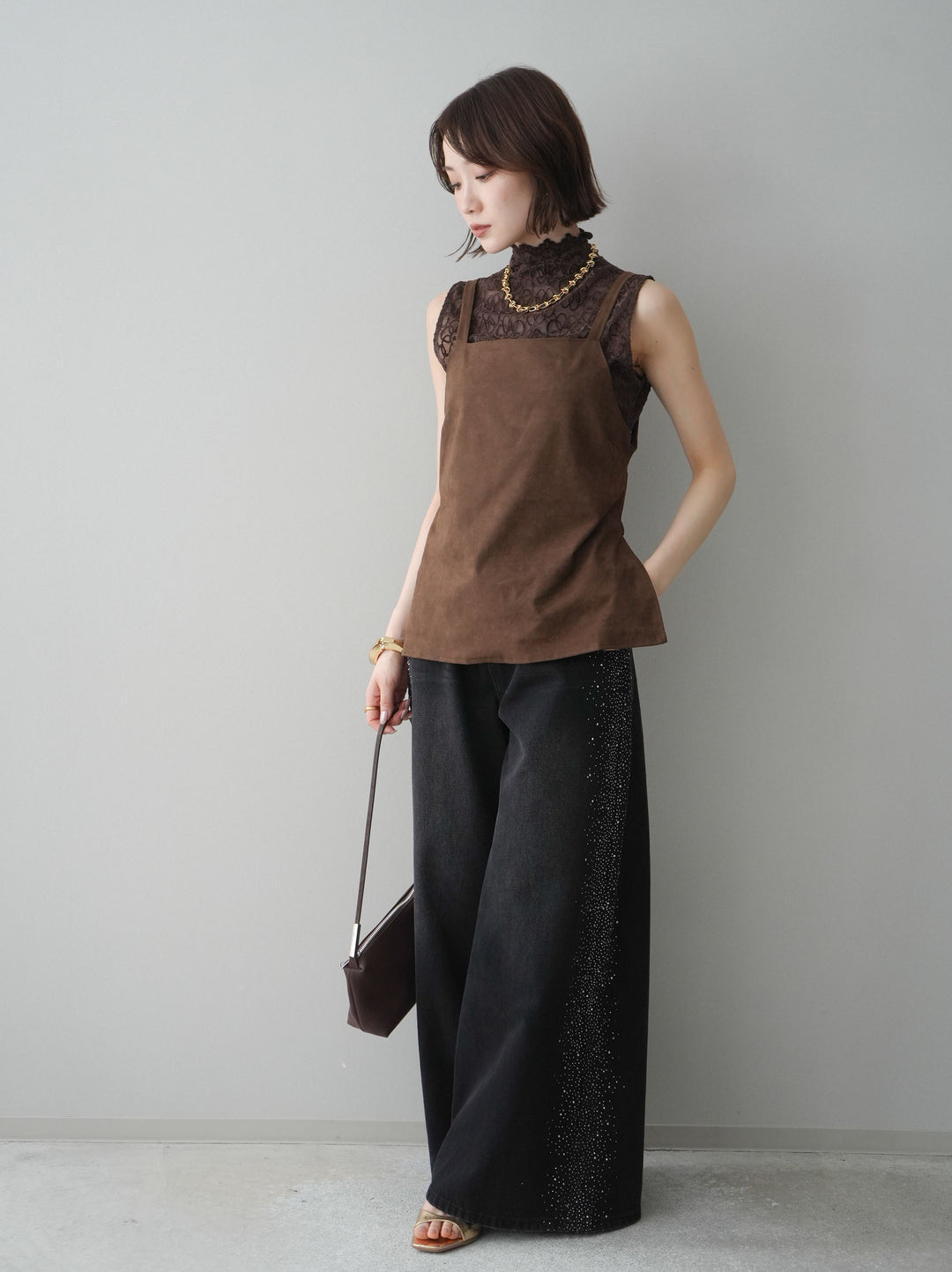 [予約]サイドビジューワイドデニムパンツ/black