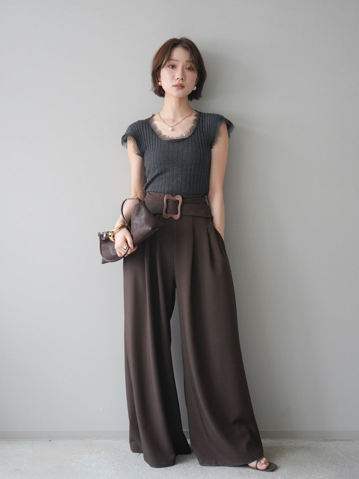 [予約]レーストリムリブニットトップス/charcoal