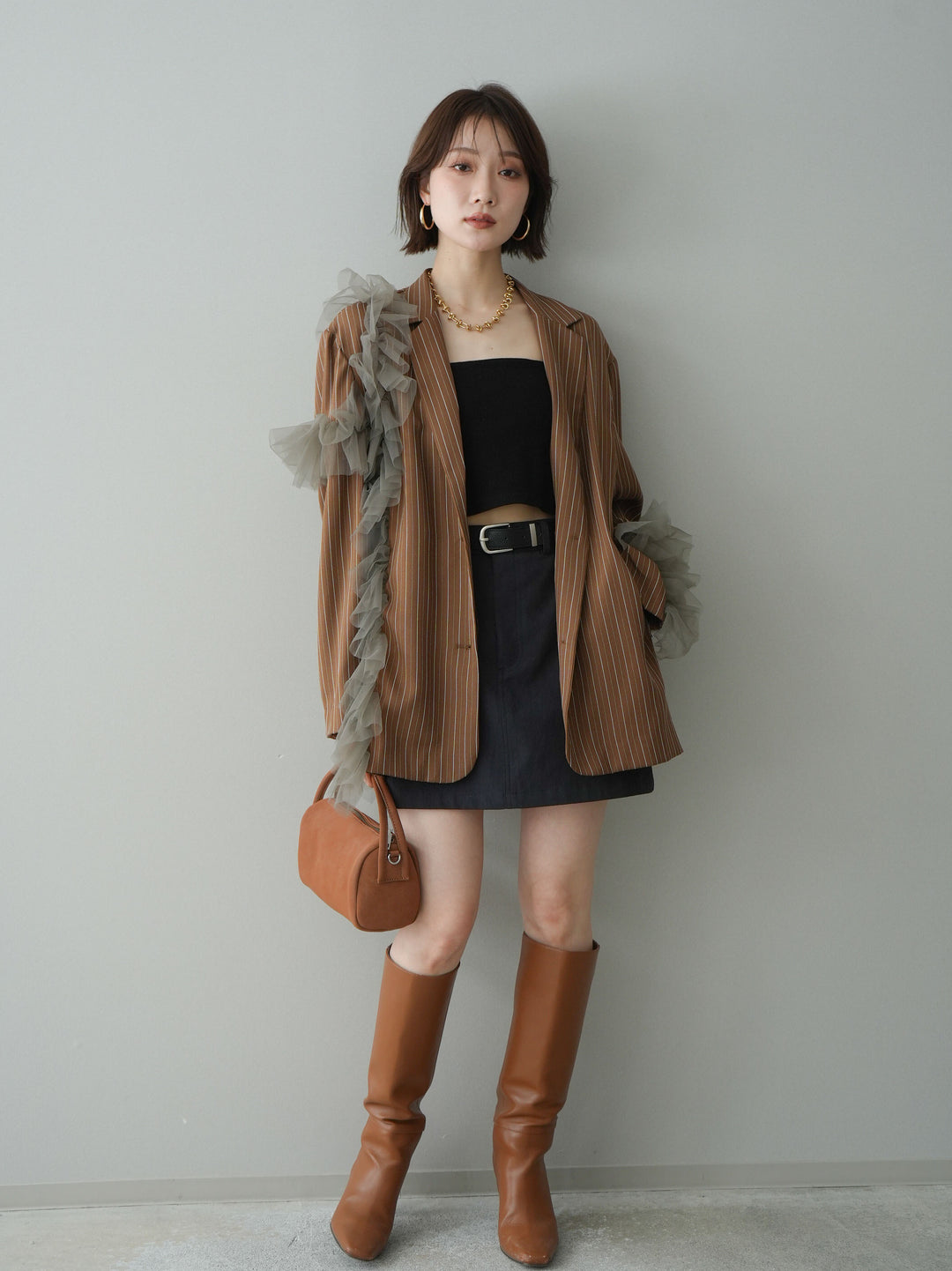 [予約]アシンメトリーチュールストライプジャケット/goldbrown