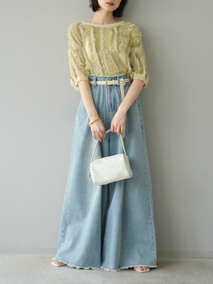 【預購】流蘇高腰寬牛仔褲/淺藍