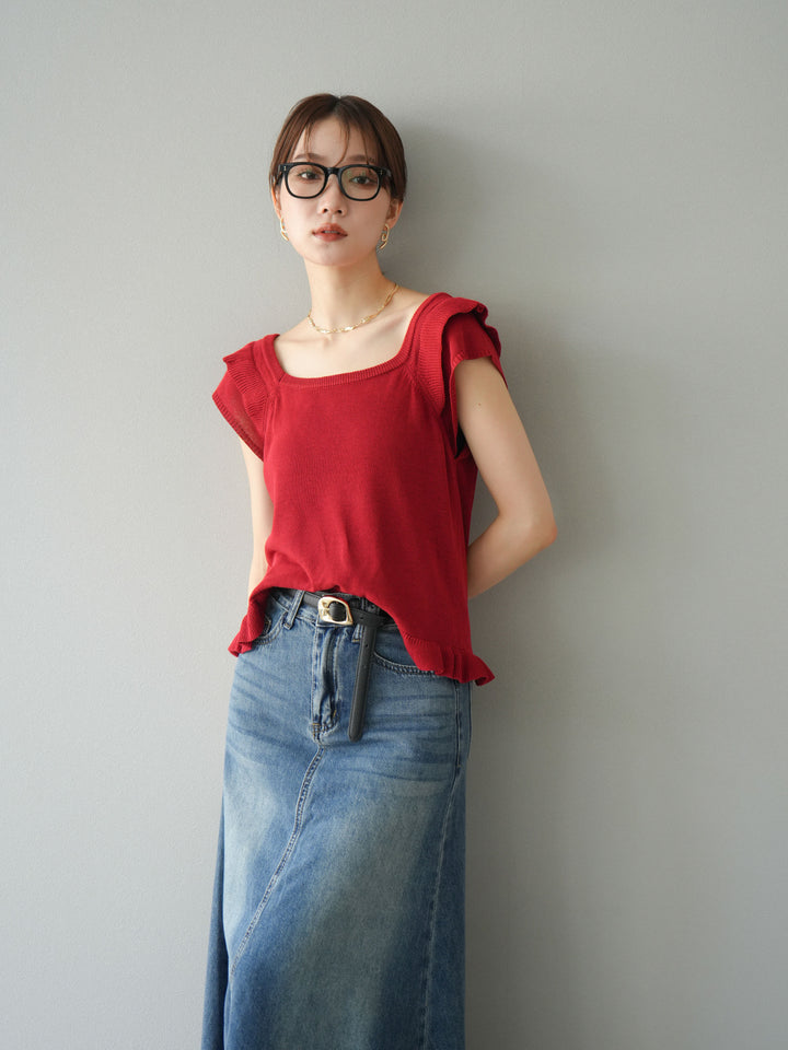 [予約]リネンタッチフリルニットタンクトップ/レッド
