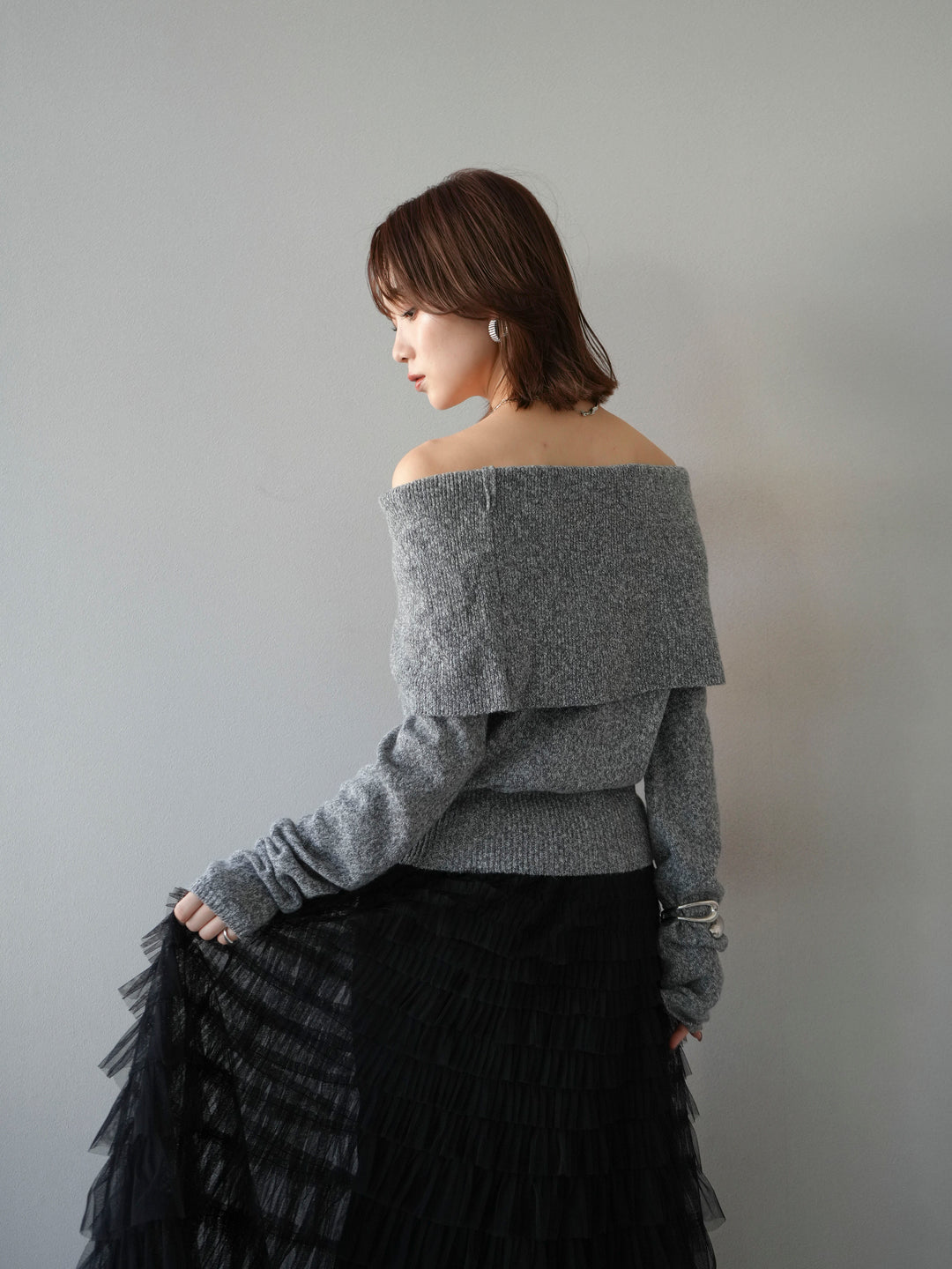 [予約]ミックスヤーンオフショルニットプルオーバー/グレー