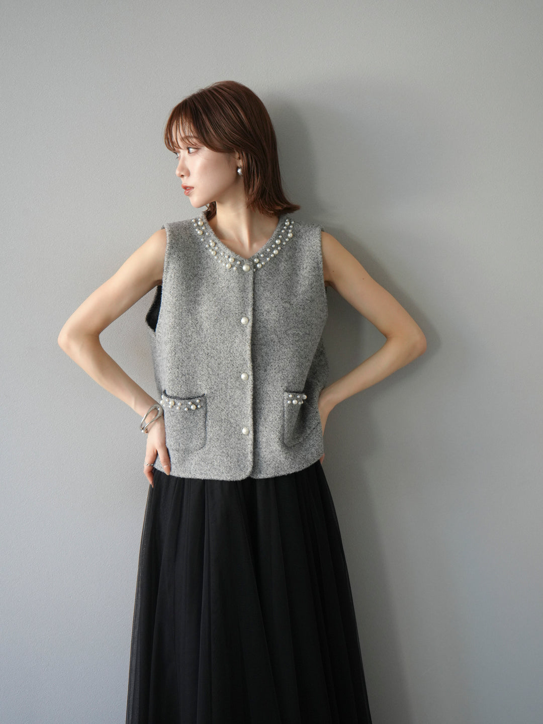 [予約]パールデザインツイードライクニットベスト/グレー