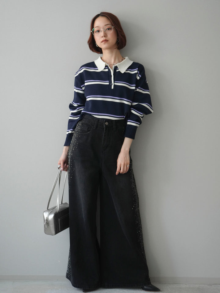 [予約]マルチボーダーポロニットトップス/navy