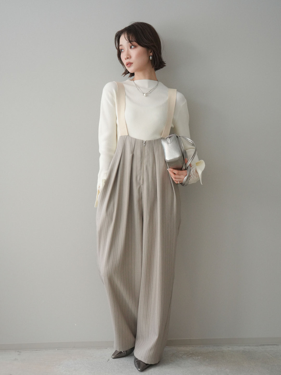 [予約]グログランテープストライプサロペット/greige