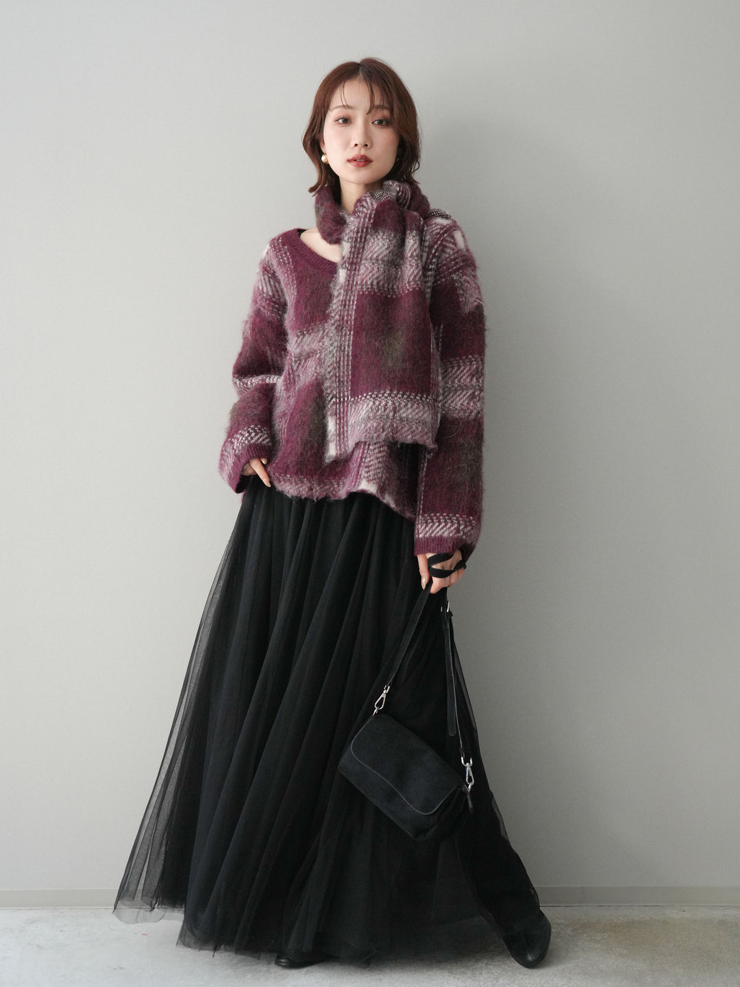 [SET]ストール付シャギーチェックニットプルオーバー+チュールボリュームスカート(2set)
