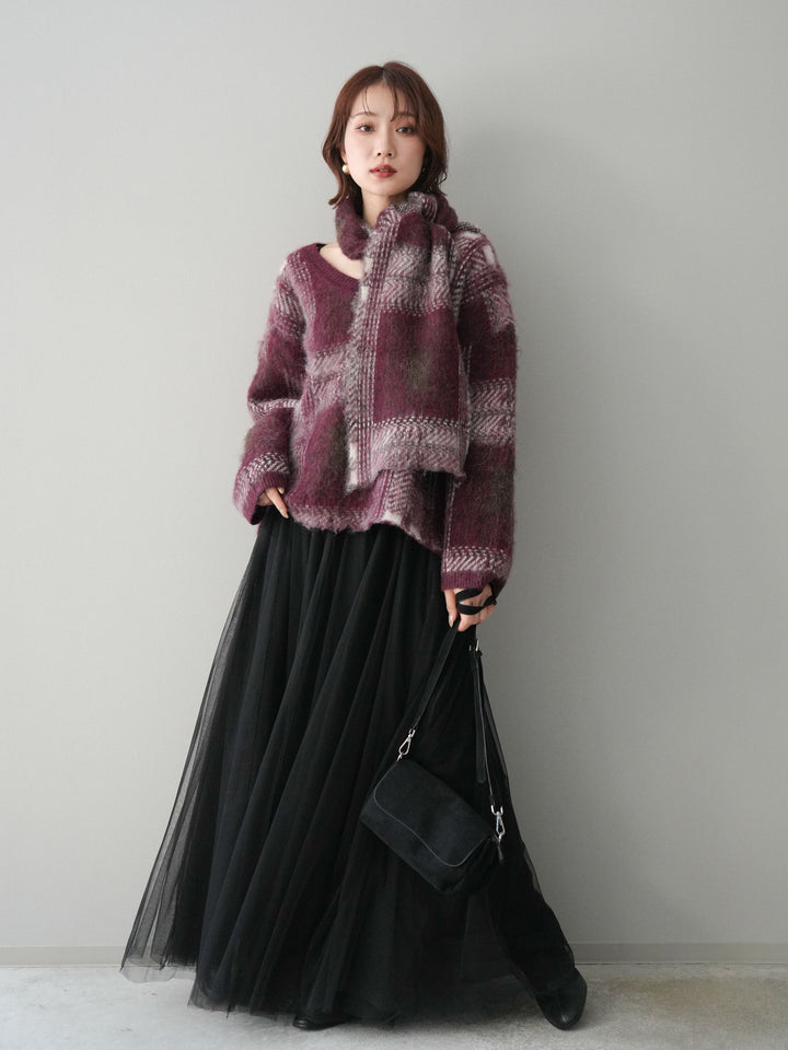 [SET]ストール付シャギーチェックニットプルオーバー+チュールボリュームスカート(2set)
