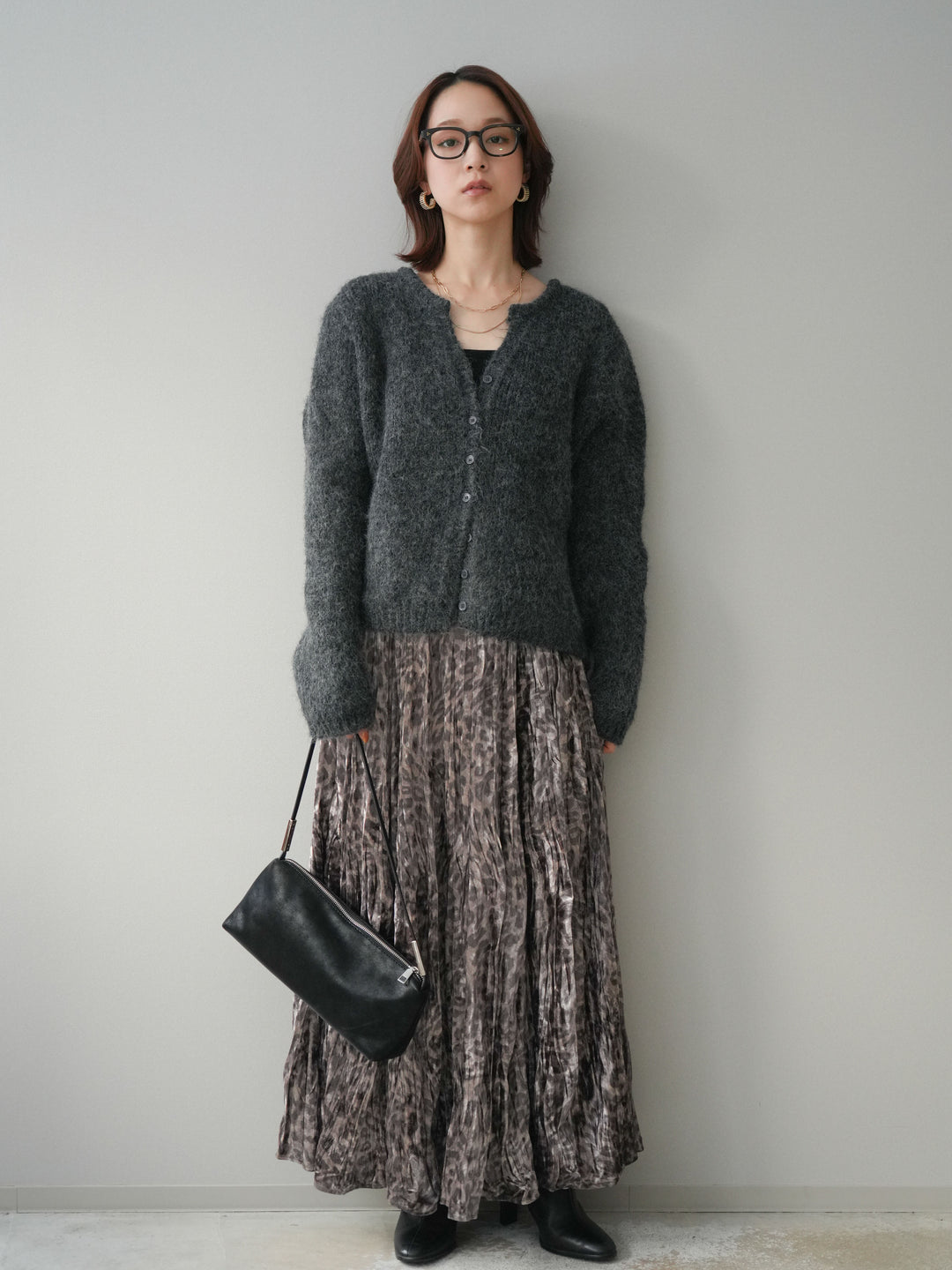 [予約]レオパードベロアワッシャーロングスカート/gray