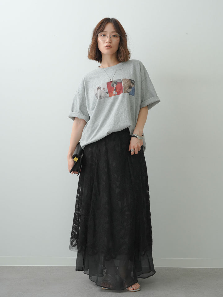 [SET]スリードッグフォトボックスTEE+フラワーレースレイヤードスカート(2set)