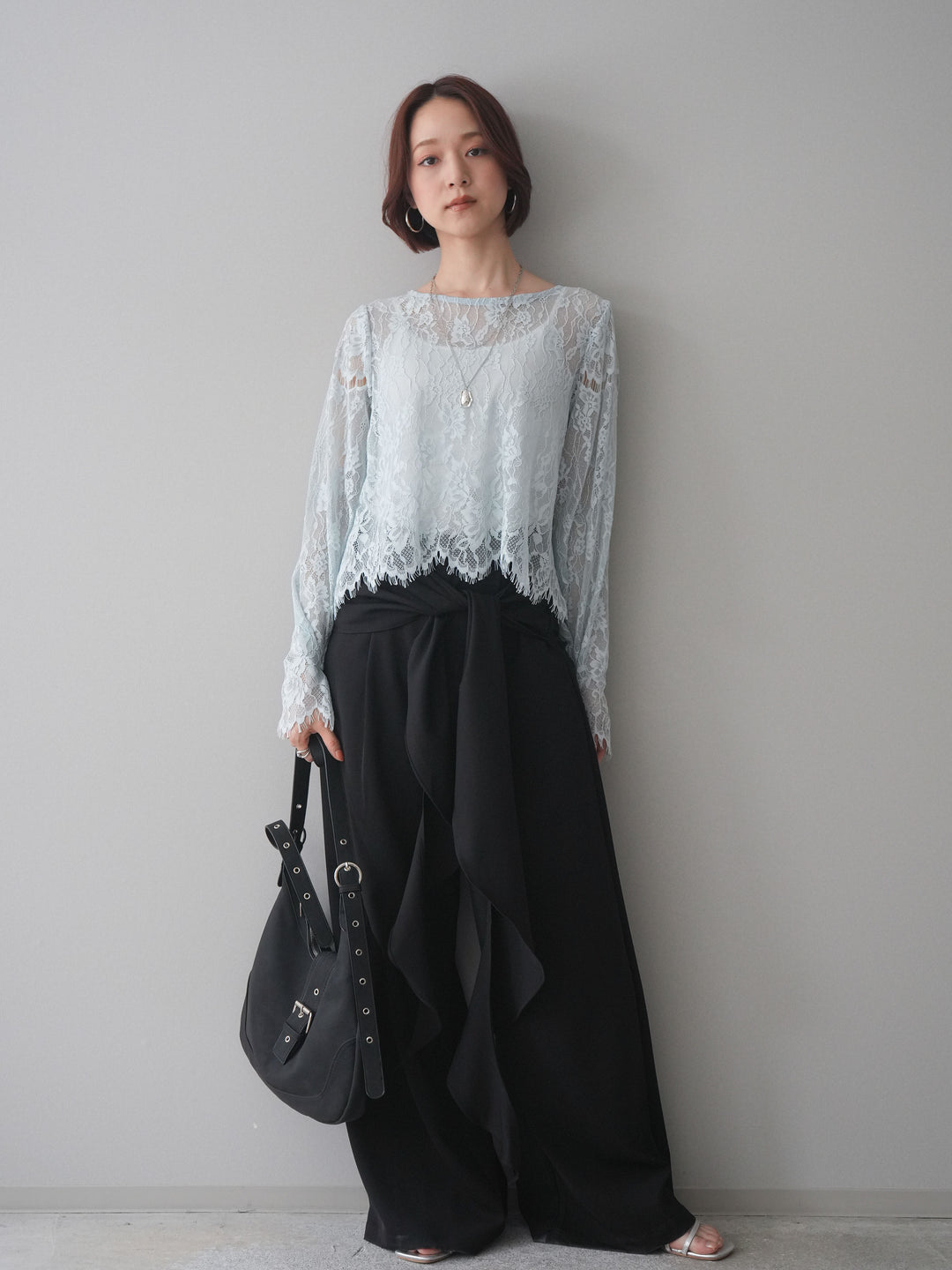 [SET]2WAYスリーブレーストップス+ラッフルベルトワイドパンツ(2set)