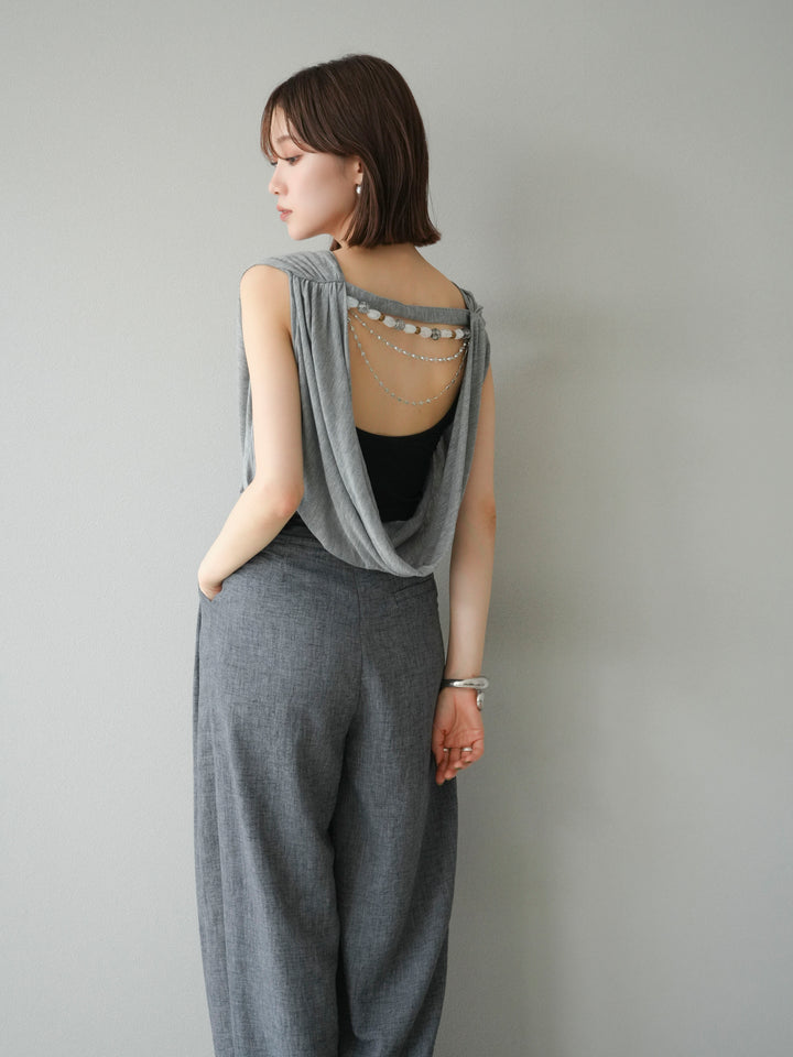 [予約]ビーズチェーン付ドレープトップス/グレー