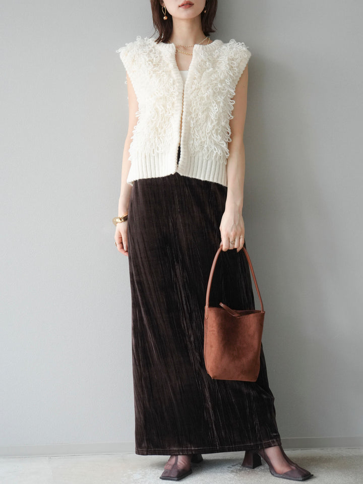 [SET]レザー襟オンブレチェックオーバーシャツ +ループデザインホックベスト +クラッシュベロアナロースカート(3set)