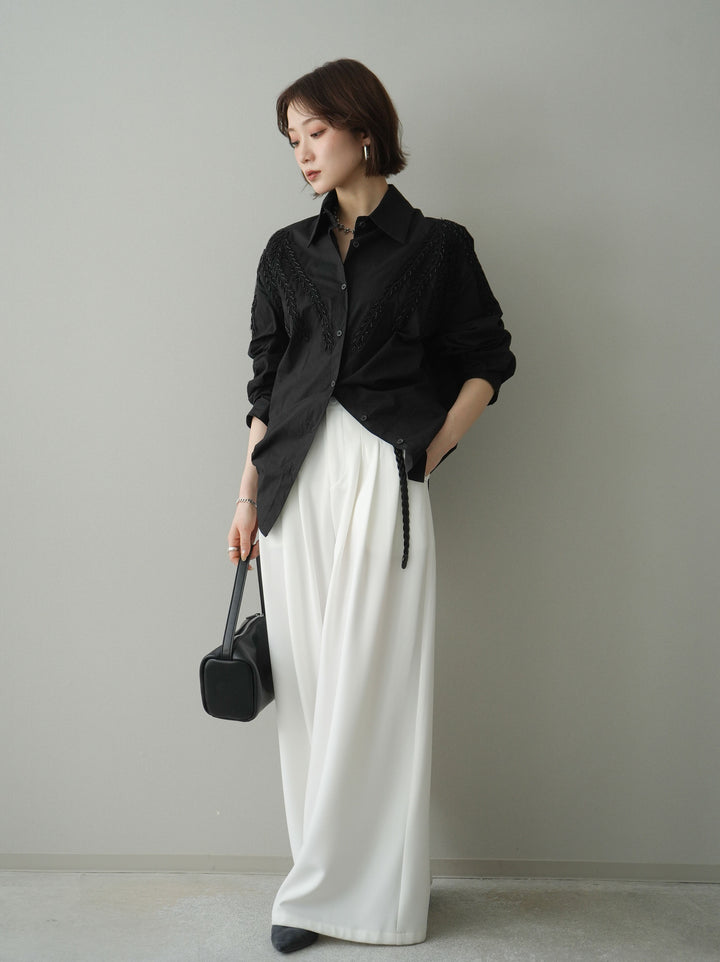 [予約]編み込みベルト付タックワイドパンツ/white