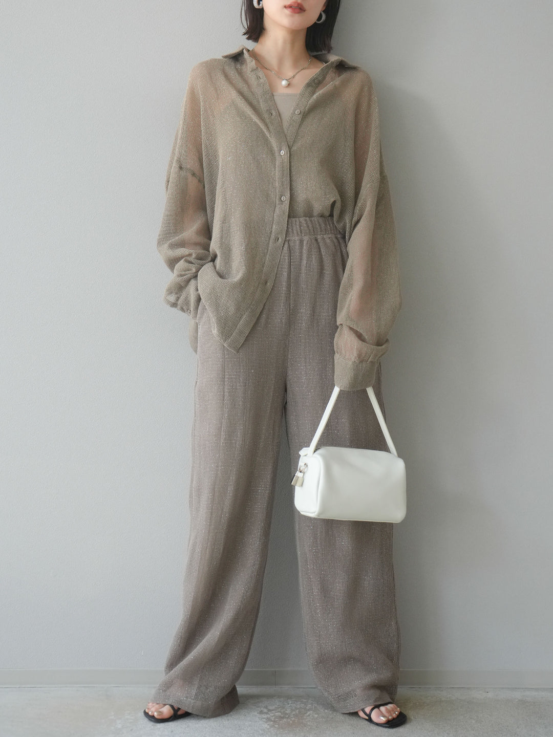 [預購] 棉金銀絲網眼休閒褲/米色