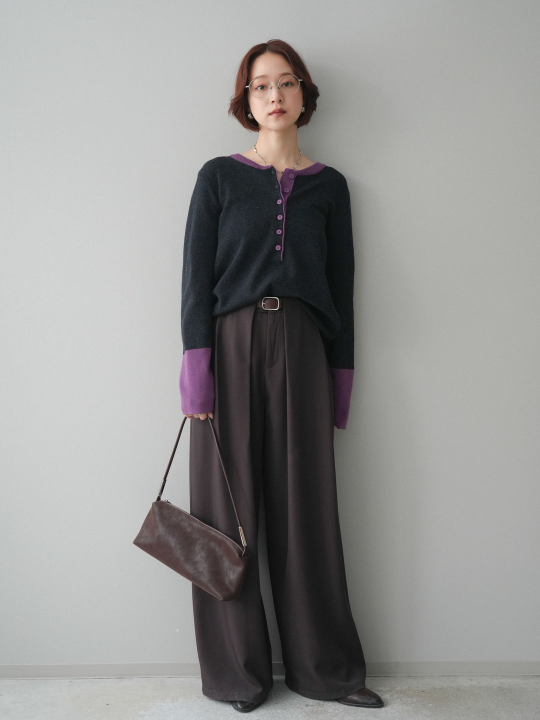 [SET]ヘンリーネック配色ニットソー+ベルトループデザインワイドパンツ(2set)