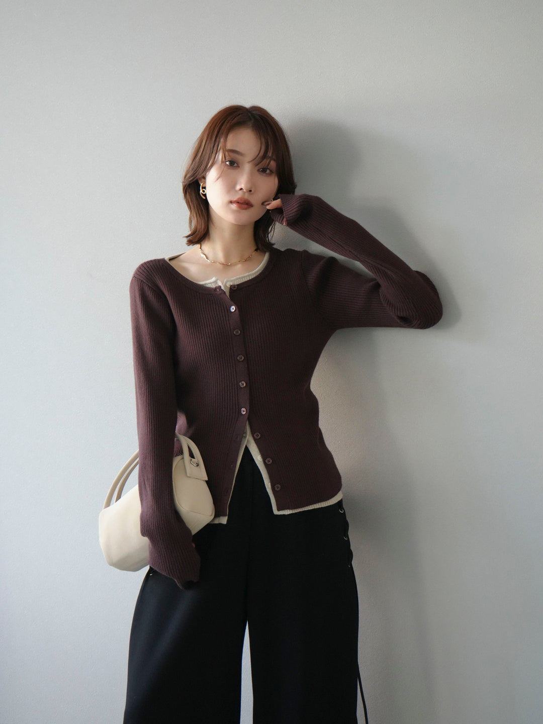 [予約]レイヤード配色ニットカーディガン/ブラウン