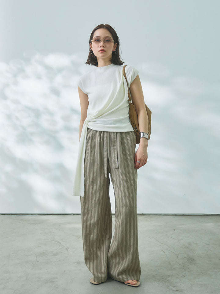 【Allure】[SET]サイドベルトボトルネックノースリーブニットトップス+ストライプイージーパンツ(2set)