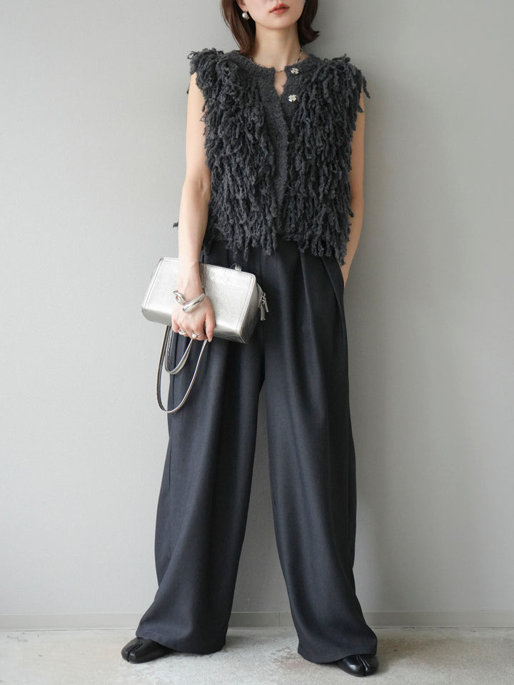 [予約]レザーパイピングタックワイドパンツ/グレー