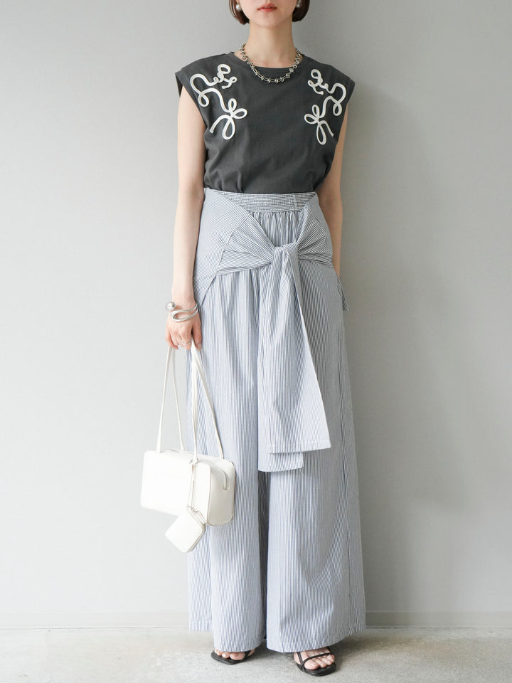 [SET]コード刺繍フレンチスリーブTシャツ+ウエスト巻きストライプイージーパンツ(2set)