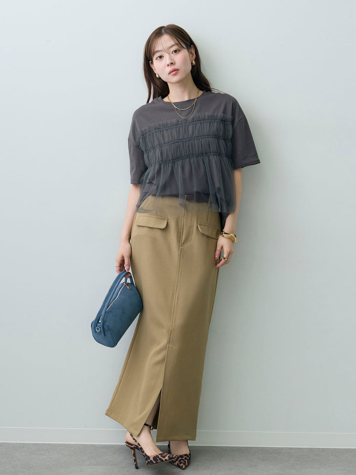 [SET]ギャザーチュールドッキングTEE+クレープデシンフラップ付きストレートスカート(2set)